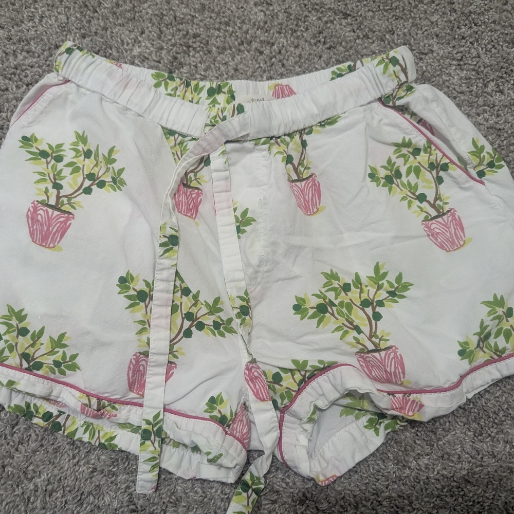 Printfresh Anthropologie White Shorts with Green and Pink Plant Design